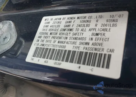 2008 Honda Accord 2.4 Ex from USA, damaged, VIN JHMCP26778C018688